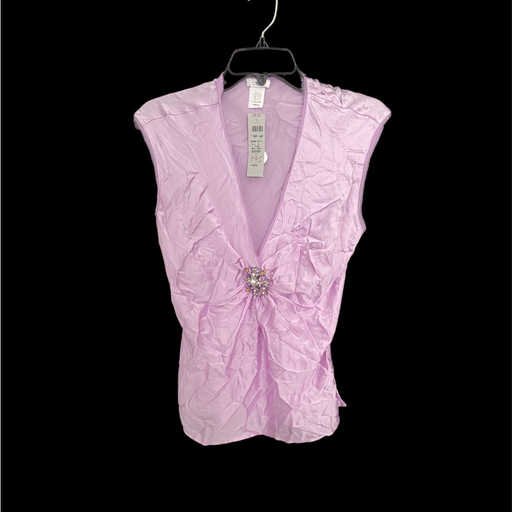 Cache Lilac Satin Cap Sleeve Top with jeweled brooch